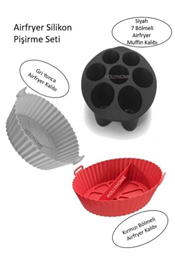 HOLLYHOME Airfryer 3-Piece Cooking Set, GRAY Clover, RED 2 Compartments, BLACK Muffin Oven Silicone Air Fryer