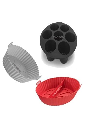 HOLLYHOME Airfryer 3-Piece Cooking Set, GRAY Clover, RED 2 Compartments, BLACK Muffin Oven Silicone Air Fryer