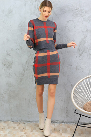 ALCHON Round Crew Neck Color Block Striped Short Sweater Elastic Waist Slit Skirt Double Knitwear Set