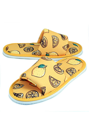 Chochili Unisex Sarı Limon Desenli Önü Açık Ev Terlik Yumuşak Taban