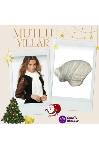 sema aksesuar Set tricot de iarnă pentru femei de culoare crem - căciulă din tricot cu eșarfă și pompon, cadou de Ziua Îndrăgostiților