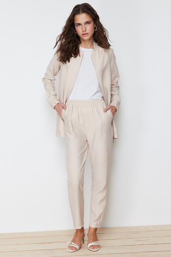 Trendyol Modest Σετ μπεζ υφαντό παντελόνι και τουνίκ - Linen Look TCTSS24US00016