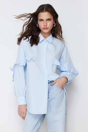 Trendyol Modest Modrá bavlněná košile s volánem TCTSS24TG00019