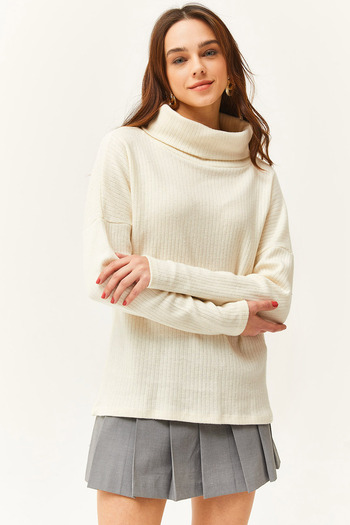 Olalook Women's Ecru Degaje Collar Ribbed Loose Blouse BLZ-19002480