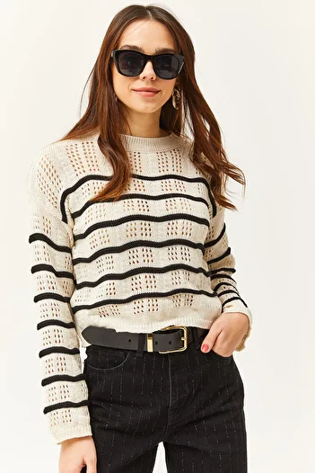 Olalook Women's Ecru Black Thin Striped Openwork Loose Seasonal Knitwear Blouse BLZ-19002479