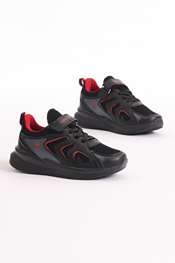 Tonny Black Children's Unisex Black Red Breathable Fabric Patterned Velcro Sports Shoes