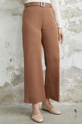InStyle Belted Piping Detail Παντελόνι Scuba Crepe - Tan