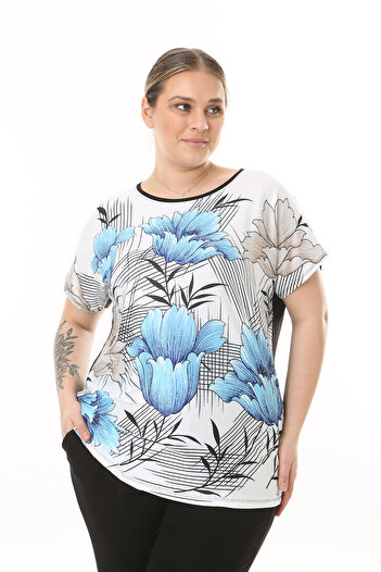 XL Modam WOMEN'S LARGE SIZE BLUE DIGITAL PRINTED LYCRAL WHITE TUNIC