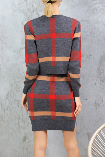 ALCHON Round Crew Neck Color Block Striped Short Sweater Elastic Waist Slit Skirt Double Knitwear Set