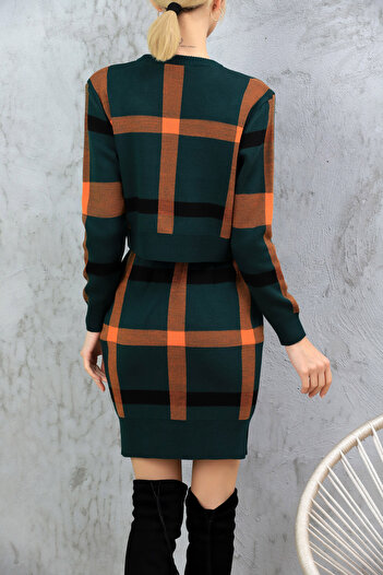 ALCHON Round Crew Neck Color Block Striped Short Sweater Elastic Waist Slit Skirt Double Knitwear Set