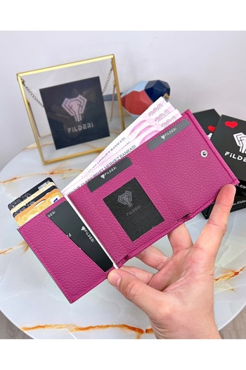 Fil Deri Mechanism Women's Wallet Genuine Leather Automatic Card Holder Pink Color 2001