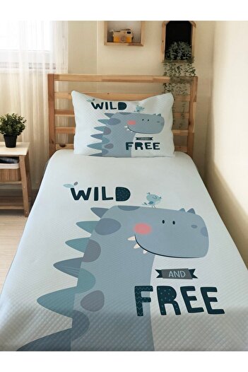 Evmila Dinozor Desenli Bebek Ve Çocuk Baskılı Tek Kişilik Pike Takımı 160 X 220 Cm Mavi