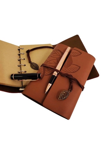 Skygo Tan Leather Notebook and Copper Rollerball Pen Set with Special Wooden Box
