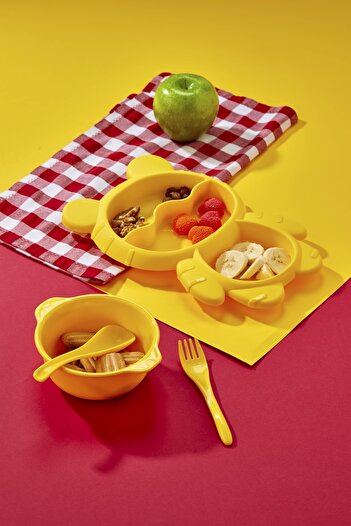 MorBebe 4 Piece Food Plate Set 3 Compartments Teddy Bear Shaped Fun Food Plate and Fork Spoon Bowl Set