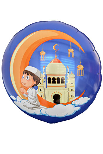 Huzur Party Store İslami Folyo Balon 30 Cm Dua Eden Çocuk Hilal Cami Hoşgeldin Ramazan Bayramı Temalı Mavi Dini Süs