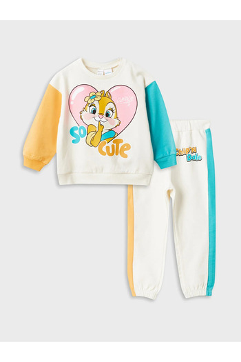 LC Waikiki LCW baby Chip Dale Printed Sweatshirt and Sweatpants for Baby Girl - Crew Neck, Long Sleeve Set of 2
