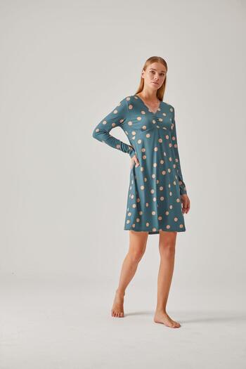 Pamuk & Pamuk Viscose Green Polka Dot Patterned Lace Women's Nightgown