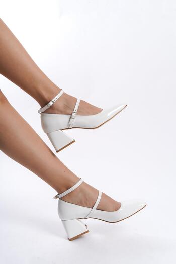 Modabuymus Kulia White Patent Leather Mary Jane Thick Heeled Blunt Toe Strap Shoes