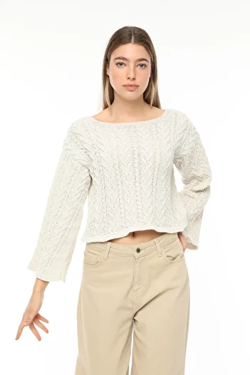 MA ananas Women's Ecru Spanish Sleeve Openwork Fine Knitwear Sweater