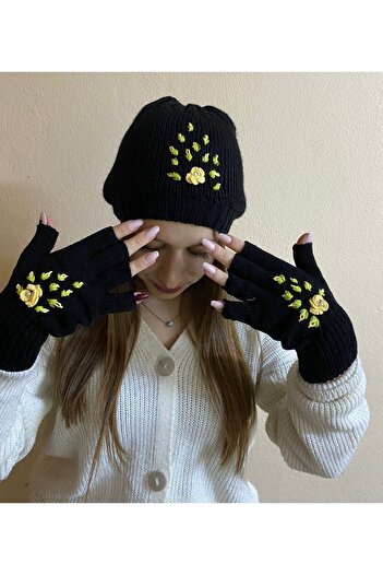 sema aksesuar Black Handmade Pearled Flower Embroidered Beret and Cut Fingers Gloves Set - Valentine's Day Gift