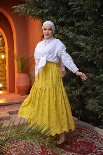PİNK FLY Embroidery Lace Scallop Pearl Women's Skirt