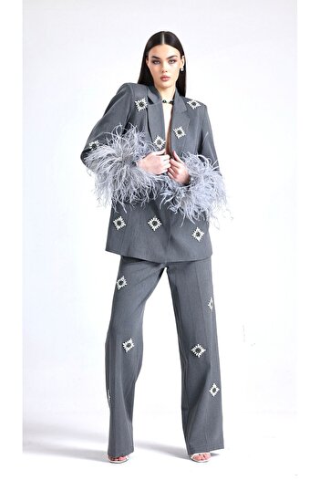 Bohai Design Special Design Sequined Sequined Stone Detailed Sleeves Otriş Feather Jacket Trousers Set