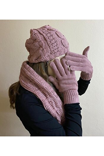 sema aksesuar Women's Knitted Beanie, Scarf and Gloves Set Set - Teacher's Day Gift Winter Set of 3