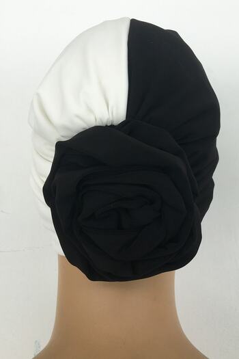 Vera Bonnet Ready Turban Rose Knot Bonnet Women's Hijab Bonnet Black and White Snap-on Bonnet Hijab Outer Bonnet