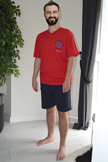 Nur Aka by Nurteks Men's Red Printed V-Neck Large Size Pajama Set