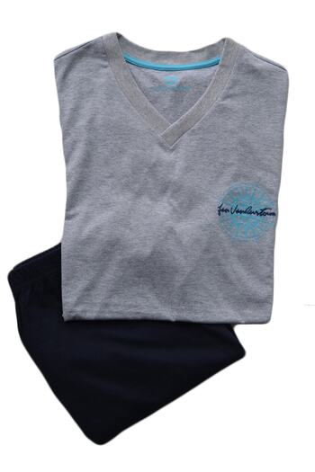 Nur Aka by Nurteks Men's Gray Printed V-Neck Large Size Pajama Set