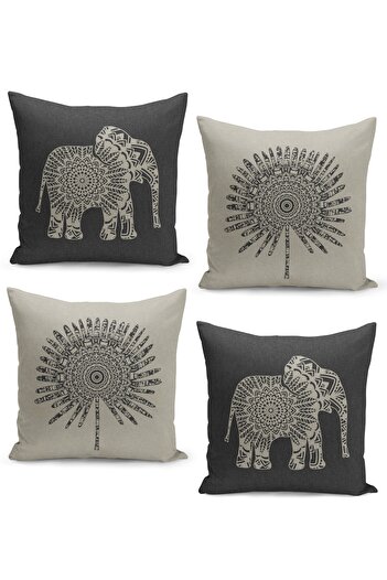 Filamente Set of 4 Throw Pillow Covers with Linen Tweed Background Ethnic Bohemian and Elephant Patterned