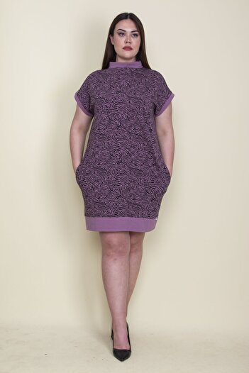 Şans Women's Plus Size Lilac High Collar Low Sleeve Tunic Dress with Side Pockets 65n25784
