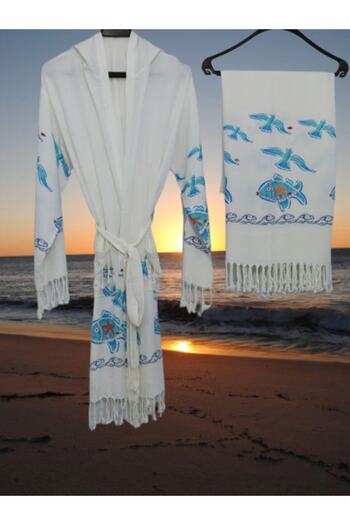 acartekstil Nevin Acar Bamboo Seagull Peştemal Bathrobe and Peştemal Towel Set of 2