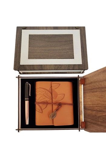 Skygo Tan Leather Notebook and Copper Rollerball Pen Set with Special Wooden Box