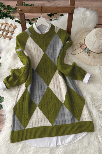 MODAQU Colorful Baklava Soft Knitwear Tunic - Khaki