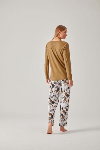 Pamuk & Pamuk Walnut Green Viscose Women's Pajama Set - Black Floral Patterned T-shirt