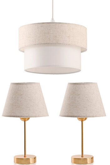 EvLight Triple Lampshade And Chandelier Set Linen Fabric Bedroom Gold Metal Lampshade
