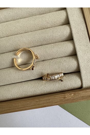 ringbox Baget Taşlı Kelebek Detaylı Gold Yüzük