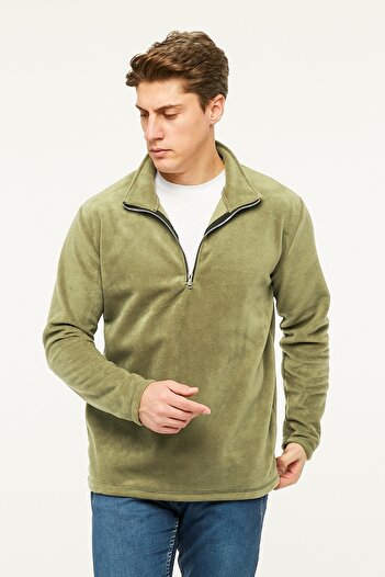 VEGA PORT Φούτερ Πράσινο Fleece Μισό Μεταλλικό Φερμουάρ Standard Fit Κανονική εφαρμογή