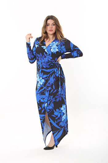 Şans Women's Plus Size Saks Shirt Collar Closed Wrap Long Dress 65N37548