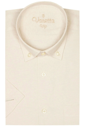 Varetta Men's Beige Cotton Short Sleeve Pocket Collar Buttoned Classic Cut Shirt