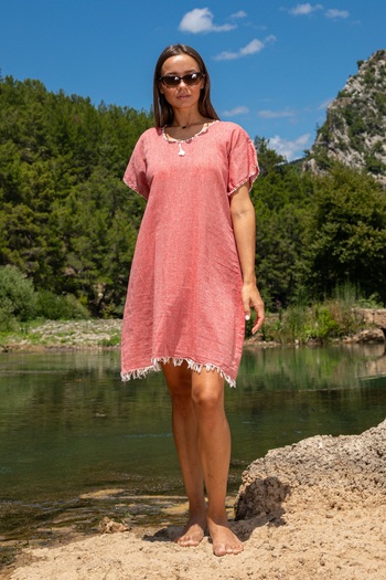 Dokubba Wide Cut Beach Dress, 100% Cotton, Handmade Needle Embroidered, Tassel, Thin and Special Woven