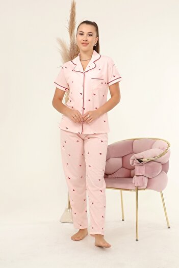 LadyMina Pijama Pembe Bordo Kalpli Ikili Pijama Takımı