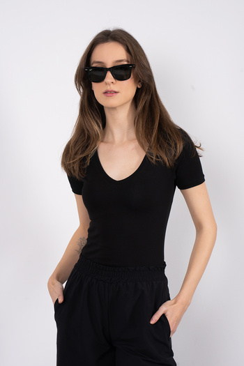 SHEISMONO Cotton V-Neck Short Sleeve Blouse Black