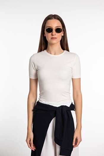 SHEISMONO Cotton Round Neck Short Sleeve Blouse Ecru
