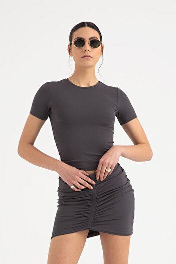 SHEISMONO Soft Touch Round Neck Short Sleeve Blouse Smoked