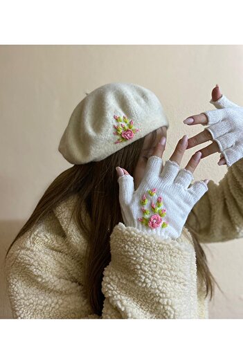 sema aksesuar Handmade Ecru Pearl Floral Embroidered French Painter Beret and Cut Fingers Gloves Set - Gift