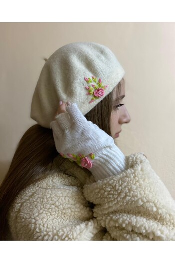 sema aksesuar Handmade Ecru Pearl Floral Embroidered French Painter Beret and Cut Fingers Gloves Set - Gift