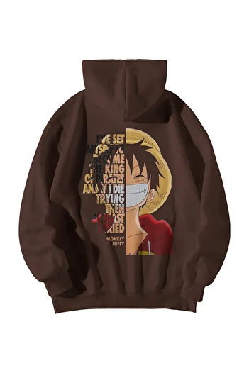 Scrovtie Unisex Καφέ Oversize με κουκούλα και τσέπη καγκουρό One Piece Anime Φούτερ με στάμπα
