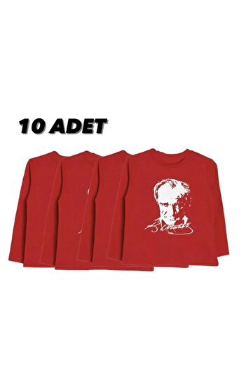 Nacar 23 Nisan Unısex Atatürk Baskılı Tshirt Uzun Kollu 10 Adet 0-24